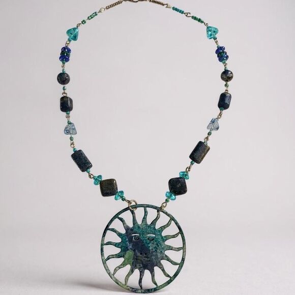 Handmade Blue Celestial Sun Pendant Necklace. - Picture 1 of 4